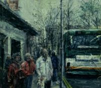ALEX ARNELL oil on board and construction - Cardiff City Centre with bus and figures, entitled verso