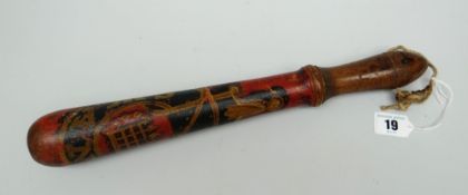 A SWANSEA GAOLER'S TRUNCHEON of turned form with pointed rounded handle and with painted crest