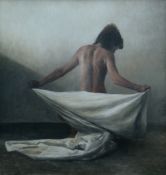 DAVID KNIGHT oil on board - study of a partially shrouded kneeling nude, entitled 'Figure Head',