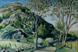 HELEN STEINTHAL mixed media - hill with lane and trees in the foreground, signed with initials, 36 x
