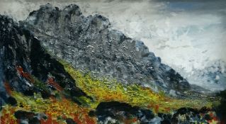 JOHN ROOSE EVANS mixed media on board - North Wales mountain scene, entitled verso 'Mist Rising,