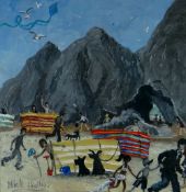 NICK HOLLY acrylic - busy beach scene with figures, dogs and wind breakers, signed, 29 x 28cms