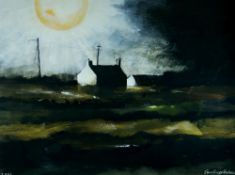JOHN KNAPP-FISHER mixed media - expansive landscape with white wash cottages under a large blazing