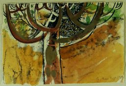 GERARD HASTINGS monoprint with watercolour - study of a tree, signed and dated 1983, 12 x 18cms