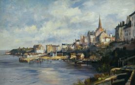 IVAN TAYLOR oil on board - view across Tenby harbour and town, 48 x 74cms