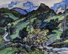 HELEN STEINTHAL mixed media - landscape with lane and trees, signed with initials, 38 x 49cms