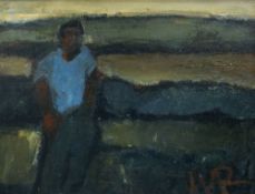WILL ROBERTS oil on canvas - standing figure in blue shirt, entitled verso 'Landscape with