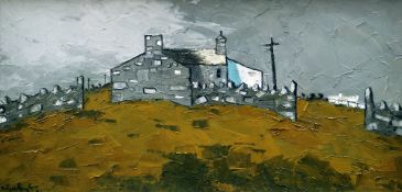 WYN HUGHES oil on canvas - farmstead with dry stone walls on a hilltop, entitled verso 'Ty'n Cae',
