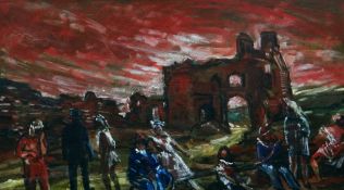 ANDREW VICARI oil on board - group of figures partying in front of Castle Ruins, entitled verso '