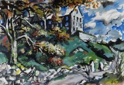 HELEN STEINTHAL mixed media - landscape with ruin building, land and trees, signed with initials, 34