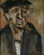 MIKE JONES oil on board - head and shoulders portrait entitled 'Farmer, Sennybridge', signed and