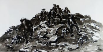 SIR KYFFIN WILLIAMS RA inkwash - superb example with a succession of farmers descending a rocky