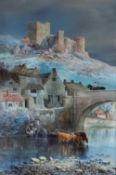 FRED SIBLEY watercolour - historical and imaginative view of Carreg Cennen Castle with the village
