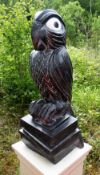 DARREN YEADON Carrara marble carving - a perched parrot on associated stand, with exhibition
