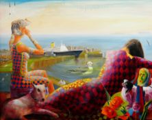 RICHARD O'CONNELL acrylic on box canvas - Saga Queen Cruiseship leaving Cardiff Docks, entitled 'The