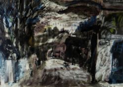 LESLIE MOORE mixed media - South Wales valleys street scene with figures walking on the road and