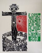 PAUL PETER PIECH linocut - image of Christ on cross, soundbites and quote from Mark Twain 'If Christ