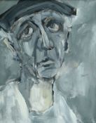 MIKE JONES oil on canvas - head and shoulders portrait of a farmer with sad eyes, entitled verso '