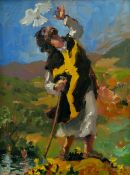 KEVIN SINNOTT oil on board - St David in tabard with staff releasing a dove and bathers in pool,