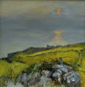 AUDREY HIND oil on board - Anglesey landscape with church, entitled verso 'The Belfry (Llanbadrig) R