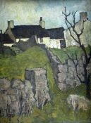 TOM GERRARD oil on board - white-washed Anglesey farm with dry-stone walls and bare tree, not
