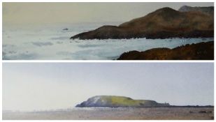 GARETH THOMAS watercolours, a pair - coastal scene and beach scene, signed, 11 x 37cms & 9 x 36cms