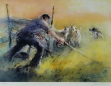 WILLIAM SELWYN limited edition (7/300) colour lithograph - shepherd and sheep dog at work with three
