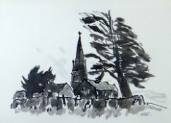 SIR KYFFIN WILLIAMS RA colourwash print - Llanedwen Church, signed with initials, 25 x 35cms