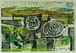 GERARD HASTINGS monoprint with watercolour and pastel - semi-abstract landscape, signed and dated