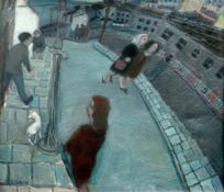 ERNEST ZOBOLE oil - South Wales valleys street scene with figures and dog, entitled verso 'The