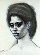 JOHN PETTS inkwash and pen drawing - head and shoulders of a female, signed in full, 33 x 25cms