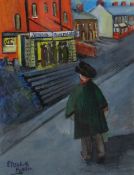 ELIZABETH HOPKIN mixed media - figure staring toward cinema queue on valley street, entitled