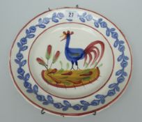 LLANELLY POTTERY COCKEREL PLATE with typical sponged continuous acorn border, 25cms diam