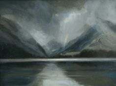 KEITH ANDREW oil on canvas - Snowdon behind clouds beyond lake, entitled verso on Tegfryn Gallery