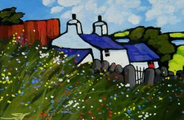 STEPHEN JOHN OWEN oil on card - whitewashed cottage and garden, signed with initials, 19 x 29cms