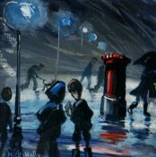 NICK HOLLY acrylic - young boy posting a letter in the rain, entitled verso 'A Wet Letter, South