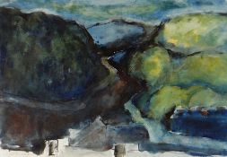 WILL ROBERTS mixed media - landscape with buildings, entitled 'Abergwynfi', signed and dated 1984,
