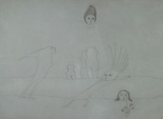 BRENDA CHAMBERLAIN pen and ink drawing - surreal narrative with caricature figures, signed and dated