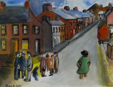 ELIZABETH HOPKIN mixed media - figure walking along valley street passing locals in discussion,