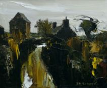 DONALD McINTYRE oil on board - landscape with buildings in lane, 50 x 60cms