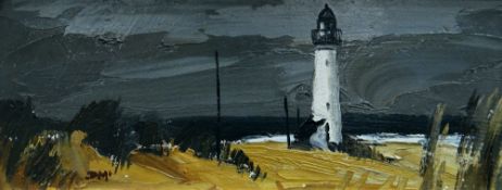 DONALD McINTYRE oil on board - fine historical depiction of the shore and lighthouse at Talacre,