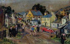 MOSS WILLIAMS watercolour - busy humorous village street scene with numerous vehicles, figures