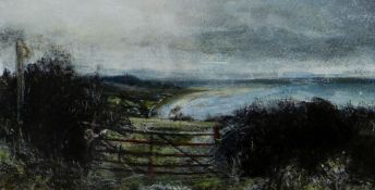 DARREN HUGHES mixed media on paper - landscape with farm-gate, entitled verso on Thackeray Gallery