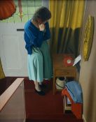 STEVEN WHITEHEAD oil and alkyo on tempera on gesso - unusual domestic composition of a lady on the