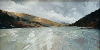 DAVID GROSVENOR oil on canvas - North Wales lake scene of Llyn Padarn, signed in full, 19 x 36cms