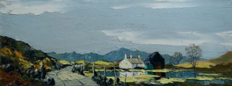 CHARLES WYATT WARREN oil on board - a lane to a white-washed farm and barn beside a pond,