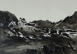 SIR KYFFIN WILLIAMS RA inkwash - hillside farm and buildings with mountains in background,
