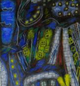 ERNEST ZOBOLE mixed media - brightly coloured surreal nocturnal scene with boats, stars and figures,