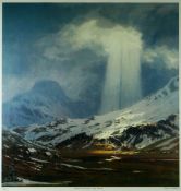 DAVID WOODFORD limited edition coloured (650/750) print - light streaming down through clouds onto