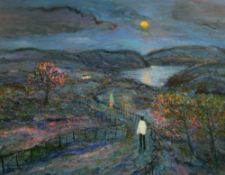 PETER JOHN JONES acrylic on canvas - landscape with two figures and Soar-y-Mynydd chapel in the